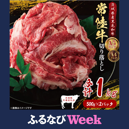 [ふるなびWEEK対象][茨城県共通返礼品]常陸牛切り落とし1kg(500g×2)|ブランド牛 銘柄牛 和牛 黒毛和牛 国産 A5・A4ランク 等級 お肉 牛肉 牛丼 すき焼き 炒め物 小分け 茨城県 大子町(DD010-F)