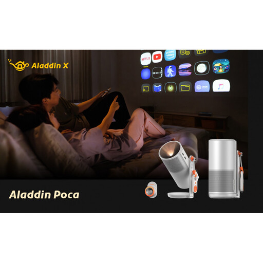 Aladdin Poca プロジェクター 家庭用 1080P フルHD解像度 / 450 ANSIルーメン/Harman Kardon内蔵スピーカー / 90% DCI P3色域カバー率 / 120インチ大画面投影 / 360°回転ジンバル/内蔵バッテリー/天井 ぷろじえくたー 小型