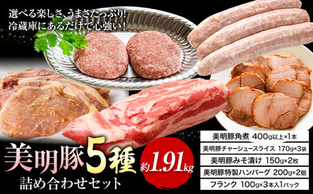 美明豚 5種の詰め合わせセット 角煮 チャーシュー ハンバーグ みそ漬け フランクフルト (茨城県共通返礼品:茨城県産) ワークミート[30日以内に出荷予定(土日祝除く)] 河内町 SPF豚 びめいとん 部位 角煮 惣菜 豚肉 ブランド豚