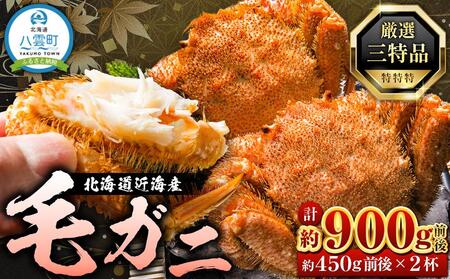 先行予約[厳選三特品]北海道近海産毛ガニ 450g前後×2尾 2025年9月上旬発送開始予定[ 毛がに 北海道 かに 蟹 かにみそ 小分け 毛蟹 八雲 海産物 魚介類 水産物応援 水産物支援 ]