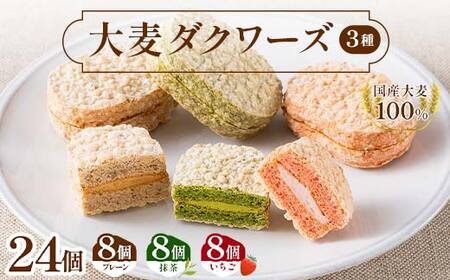 大麦ダクワーズ 3種セット 計24個(プレーン、宇治抹茶、国産いちご 各8個) 栃木県 足利市