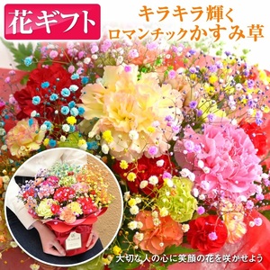 ミックススマイルバスケット | フラワーアレンジメント 生花 花 ギフト ロマンチックかすみ草 七色 輝く カスミソウ カスミ草 かすみそう お祝い プレゼント アレンジ花 カラフル おしゃれ