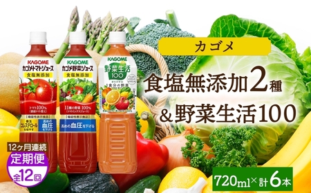 [定期便]12ヵ月連続食塩無添加トマトジュース・野菜ジュース・野菜生活100オリジナル各2本 計6本 ns038-092