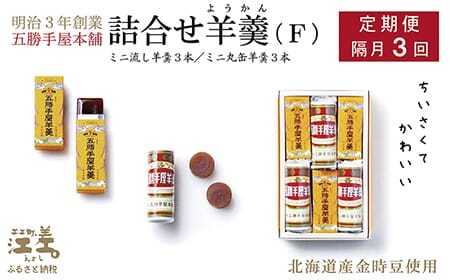 [隔月3回定期便・ひと月おき配送×3回]五勝手屋本舗『詰合せ羊羹』(F)ミニ流し羊羹3本/ミニ丸缶羊羹3本 金時豆のようかん 保存料不使用 五勝手屋羊羹の老舗 和菓子 銘菓 名物 贈答用 ギフト