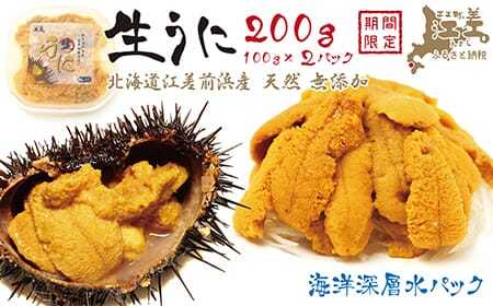 [令和7年発送予約]北海道 江差前浜産 生うに 200g(100g×2パック)[無添加・みょうばん不使用]江差産天然キタムラサキウニ 日本海熊石産海洋深層水 塩水ウニ 素材を生かした自然の味 国産うに 雲丹 100グラムパック個包装