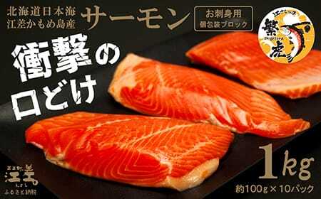 北海道産 サーモン お刺身用ブロック 1kg（100g×10P）　日本海 かもめ島海面養殖　純国産 ブランドサーモン『江さしっ子 繁虎』　衝撃の口どけ　とろける脂　生食可　冷凍　小分け　個包装 　トラウトサーモン　刺身　サーモンステーキ　カルパッチョ　海鮮　鮭　さけ　シャケ　しゃけ　さーもん