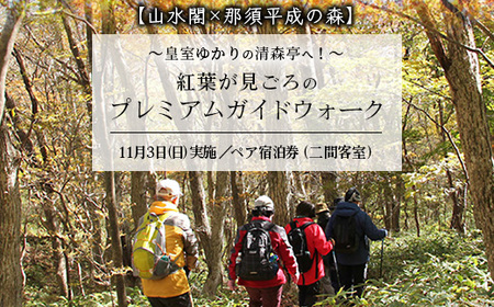 [山水閣×那須平成の森]皇室ゆかりの清森亭へ!紅葉が見頃のプレミアムガイドウォーク11月3日(日)実施ペア宿泊券(二間客室)|宿泊 旅行 体験 温泉 観光 国内旅行 那須 栃木県 那須町〔P-243〕