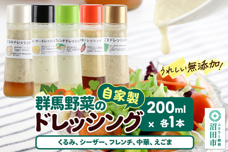 自家製・群馬産野菜で手作りドレッシング(くるみ、シーザー、フレンチ、中華、えごま)200ml×各1本 泙川食品