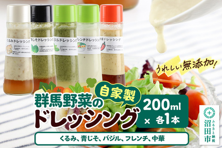 自家製・群馬産野菜で手作りドレッシング(くるみ、青じそ、バジル、フレンチ、中華)200ml×各1本 泙川食品