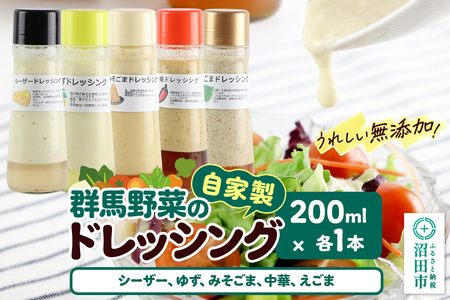 自家製・群馬産野菜で手作りドレッシング(シーザー、ゆず、みそごま、中華、えごま)200ml×各1本 泙川食品