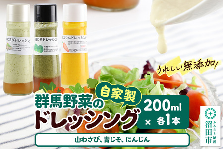自家製・群馬産野菜で手作りドレッシング(山わさび、青じそ、にんじん)200ml×各1本 泙川食品