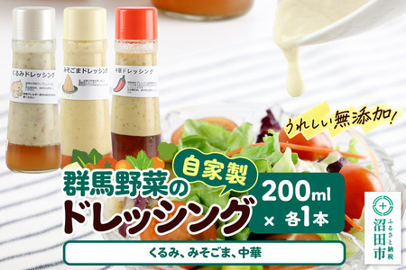 自家製・群馬産野菜で手作りドレッシング(くるみ、みそごま、中華)200ml×各1本 泙川食品