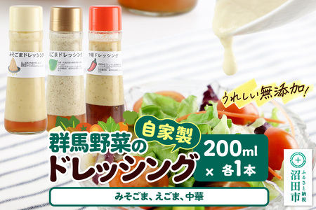 自家製・群馬産野菜で手作りドレッシング(みそごま、えごま、中華)200ml×各1本 泙川食品