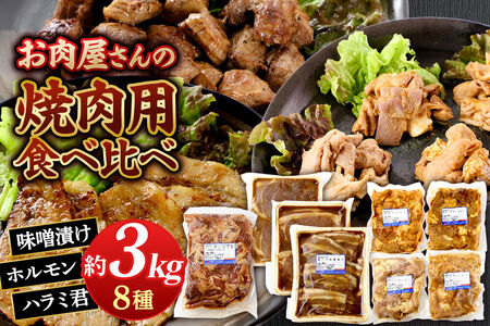 群馬県産 肉の長門 お肉屋さんの焼き肉用食べ比べセット 計約3kg(味噌漬け3種、ホルモン4種、ピリ辛ハラミ君)豚肉 沼田市 特産品