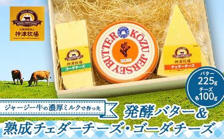 [神津牧場] ジャージー牛の濃厚ミルクで作った発酵バター1つと熟成チェダーチーズとゴーダチーズ 各100gセット F21K-302