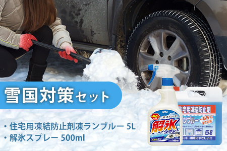 雪国対策セット(住宅用氷結防止剤凍ランブルー5L&解氷スプレー500ml) カー用品 車 自動車 大容量 住宅 窓 凍結 くもり 雪 霜 積雪