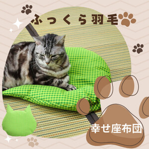 猫の幸せ座布団[グリーンチェック]