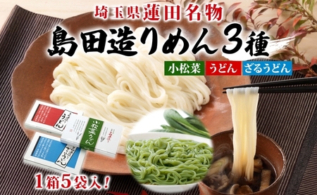 埼玉・蓮田名物 島田造りめん 3種セット 各220g×5袋 計15袋 島田造り 小松菜うどん ざるうどん うどん 乾麺 埼玉県産小麦使用 小松菜 家庭用 ギフト お取り寄せ 翁の郷 埼玉県 蓮田市
