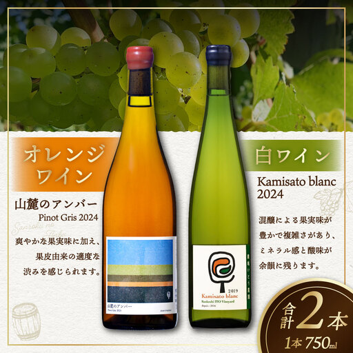 白ワイン Kamisato blanc 2024 / オレンジワイン 山麓のアンバー Pinot Gris 2024 750ml 各1本 計2本 ワイン お酒 酒 アルコール 洋酒 ぶどう 葡萄 ブドウ 飲み比べ セット