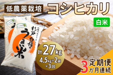 新米 [定期便/3ヶ月] 低農薬栽培のコシヒカリ[白米]計27kg (4.5kg×2袋×3ヶ月連続)|おいしい お米 コメ こめ ご飯 ごはん 白米 玄米 お取り寄せ 直送 贈り物 贈答品 ふるさと納税 埼玉 杉戸 [0541]