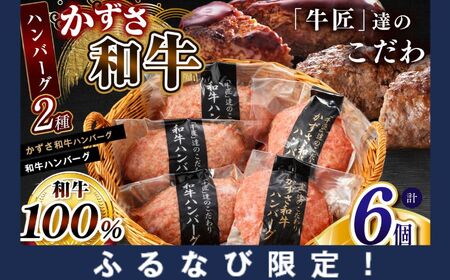 [ふるなび限定] FN-Limited ハンバーグ 2種セット 総菜 お肉屋さんの手作り 合計6個 (かずさ和牛ハンバーグ × 3個 ・ 和牛ハンバーグ × 3個) 国産 和牛 お肉屋さんの手作り ジャパンフードセレクション 金賞 