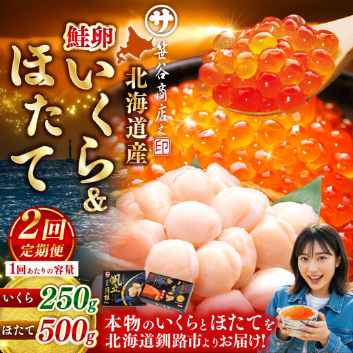 【2ヶ月定期便】 笹谷商店 新物 北海道産 いくら醤油漬け250g＆ほたて貝柱500g  お刺身 国産 イクラ イクラ醤油漬け 鮭いくら 鮭卵 ほたて貝柱 帆立 ホタテ ほたて 海鮮丼 詰め合わせ 海鮮 魚介 冷凍 グルメ 北海道 釧路市