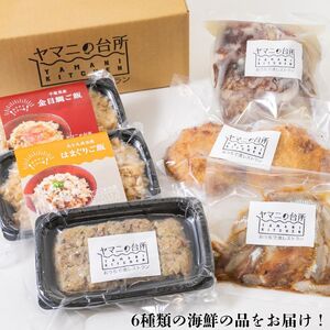 海鮮バラエティセットB(金目鯛ご飯・はまぐりご飯・イカメンチ・いわし漬け丼・あじのなめろう・真鯛のあら汁)