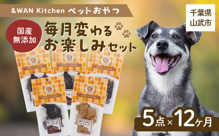[毎月届く]&WAN Kitchenペットおやつセット(毎月変わるお楽しみセット)(肉・内蔵系ジャーキー×3種、骨系ジャーキー×2種)