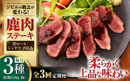 [全3回定期便]鹿肉 ステーキ3種セット(背ロース120g×2枚・シンタマ120g×2枚・内もも×)[喜茂別町][EBIJIN] ジビエ モモ セット ステーキ 赤身 冷凍配送 定期便 北海道 [AJAO023] 132000 132000円 北海道 ジビエ モモ 赤身 冷凍配送 