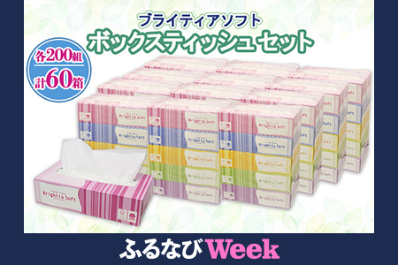 [ふるなびWEEK対象]ブライティア ソフト ボックスティッシュ 200組 400枚 60箱 日本製 まとめ買い ティッシュ リサイクル 長持 防災 常備品 日用雑貨 消耗品 生活必需品 備蓄 ペーパー 紙 北海道 倶知安町 日用品 FN-Limited