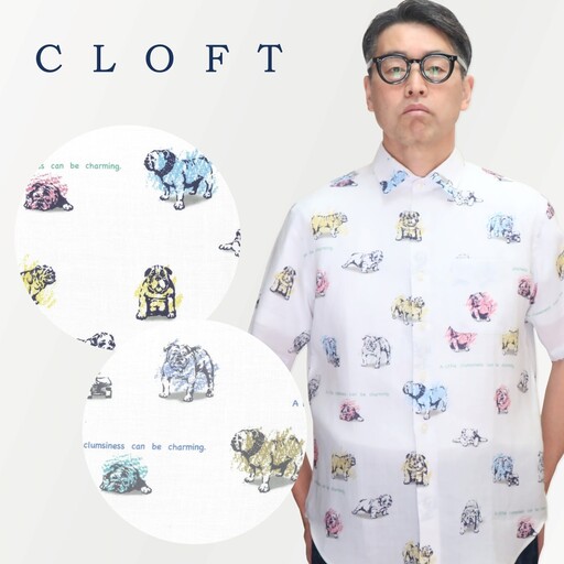 CLOFT 麻100％半袖プリントシャツ”ブルドック柄”犬柄（C/＃29ホワイト×ネイビー） M 0139-024-S07-4