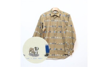 CLOFT 綿100%長袖プリントシャツ"自由に歩こう"犬と散歩柄(C/#34モカ)L 0139-021-S07-5