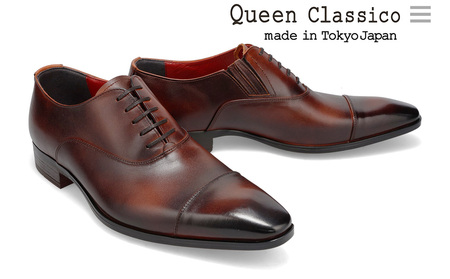 クインクラシコ 革靴 10001 (カラー:ブラウン、サイズ:24.5cm) ビジネスシューズ 本革 ストレートチップ 幅広 甲高 キャップトゥ エラスティック スリッポン 牛革 フォーマル