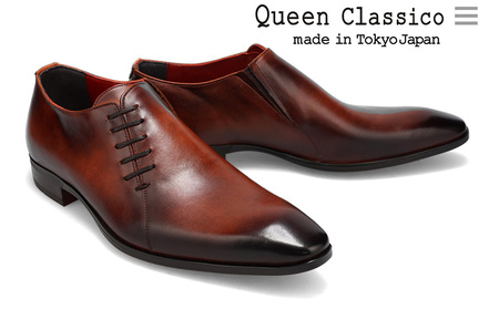 クインクラシコ 革靴 10003 (カラー：ブラウン、サイズ：26.5cm) ビジネスシューズ 本革 サイドレース 幅広 甲高  エラスティック スリッポン 牛革 フォーマル