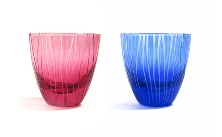 浅草切子 KANA KURITA「ぐい呑 よろけ縞 青藍/金赤[艶消し]」ペアセット 木箱入り_0012-095-T07