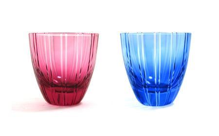 浅草切子 KANA KURITA「ぐい呑 金通縞 青藍/金赤」ペアセット 木箱入り_0012-098-T07