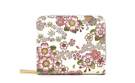 [文庫屋大関]二つ折りファスナーミニ財布 かすみ桜[皮革工芸品]財布 二つ折り 小物 お札 カード 小銭 コンパクト 牛革 手作り 日本製 墨田区 東京都