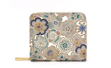 [文庫屋大関]二つ折りファスナーミニ財布 春らんまん[瑠璃][皮革工芸品]財布 二つ折り 小物 お札 カード 小銭 コンパクト 牛革 手作り 日本製 墨田区 東京都