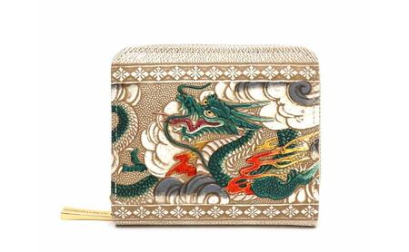 [文庫屋大関]二つ折りファスナーミニ財布 龍[緑][皮革工芸品]財布 二つ折り 小物 お札 カード 小銭 コンパクト 牛革 手作り 日本製 墨田区 東京都