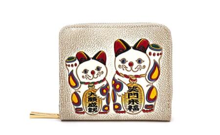 [文庫屋大関]二つ折りファスナーミニ財布 招き猫[皮革工芸品]財布 二つ折り 小物 お札 カード 小銭 コンパクト 牛革 手作り 日本製 墨田区 東京都