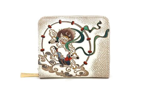 [文庫屋大関]二つ折りファスナーミニ財布 風神雷神[皮革工芸品]財布 二つ折り 小物 お札 カード 小銭 コンパクト 牛革 手作り 日本製 墨田区 東京都