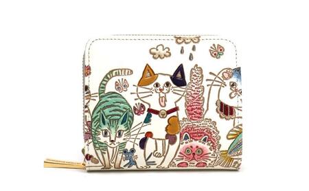 [文庫屋大関]二つ折りファスナーミニ財布 ネコ集合[皮革工芸品]財布 二つ折り 小物 お札 カード 小銭 コンパクト 牛革 手作り 日本製 墨田区 東京都