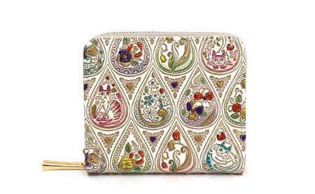 [文庫屋大関]二つ折りファスナーミニ財布 花と猫[ミックス][皮革工芸品]財布 二つ折り 小物 お札 カード 小銭 コンパクト 牛革 手作り 日本製 墨田区 東京都