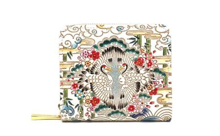 [文庫屋大関]二つ折りファスナーミニ財布 むかい鶴[皮革工芸品]財布 二つ折り 小物 お札 カード 小銭 コンパクト 牛革 手作り 日本製 墨田区 東京都