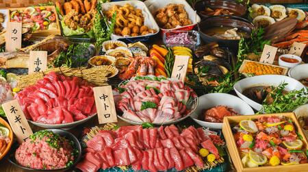 [平日限定]特選本マグロの大トロ3切れ付き!海鮮バイキング うたげプランご利用券(100分制/ドリンクバー・アルコール付)大人1枚[kt002-003-2]海鮮 バイキング ビュッフェ 豊洲 市場 まぐろ 解体ショｰ 家族 友達
