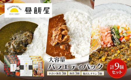 大容量バラエティパック 9個セット(やさい海苔3個、海苔3個、和だしチキン3個) カレー やさい海苔カレー 海苔カレー 和だしチキンカレー 辛さ抑えめ レトルト 湯煎 電子レンジ 簡単 おいしい 昼飯屋 東京都 大田区