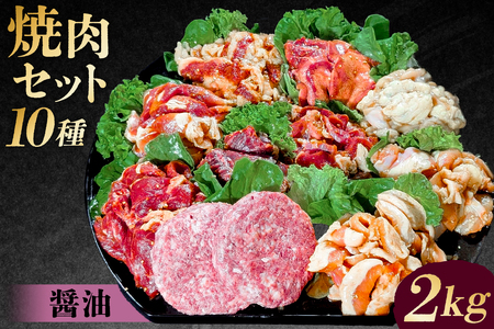 焼肉セット10種(醤油)[195010]味付け 醤油 簡単 2kg BBQ バーベキュー 牛タン 牛カルビ 牛ウデ 牛肩ロース 牛さがり 豚トロ ハンバーグ ホルモン 鶏もも 豚カルビ 小分け 冷凍保存