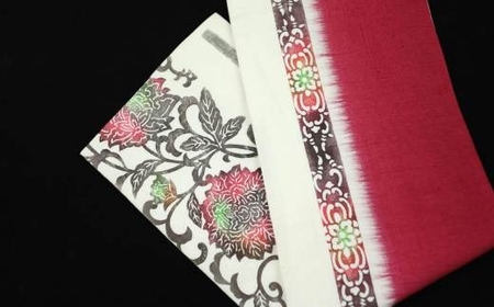 職人が丹精込めて染めあげた世界で一つだけの「手差し型染め 半幅帯」(唐草柄・紅系)