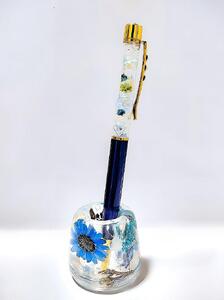 【Art grace】クリスタルハーバリウムボールペン(ミッドナイトブルー)＆ハーバリウムペン立て(ブルー)セット