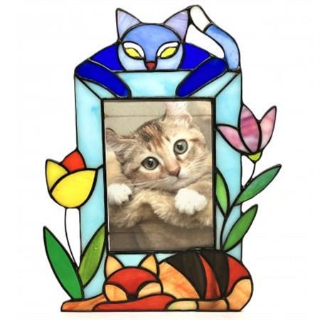 ステンドグラスの写真立て お昼寝のお邪魔?